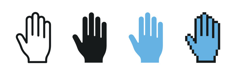 Obraz premium Set of four hand cursor icons showing different graphic styles including a simple outline, a solid silhouette, a flat color version, and a classic pixel art design