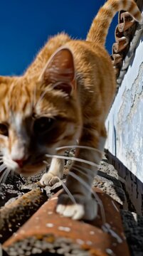 Un gato atigrado camina con confianza sobre un tejado de tejas, con un cielo azul intenso de fondo.