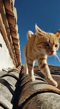 Un gato atigrado se asoma desde un tejado con una mirada intensa.