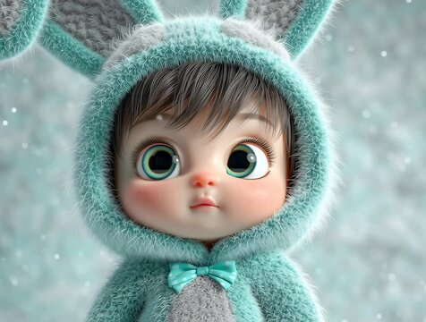 Un beb&eacute; adorable con un gorro de conejo mira con ojos grandes y curiosos.