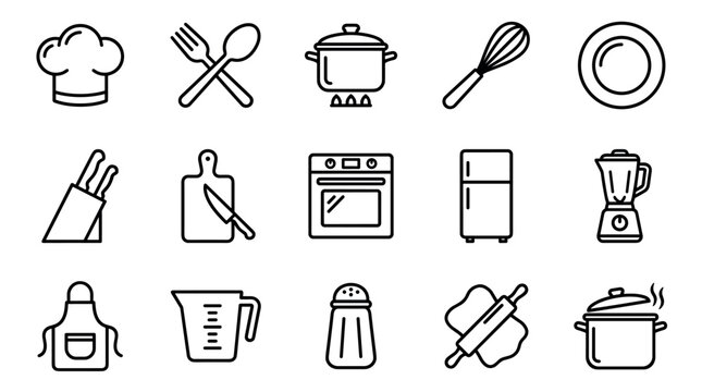 Set of black line art cooking and kitchen icons including a chef hat, pot, whisk, oven, blender, and apron, representing culinary tools and professional restaurant equipment