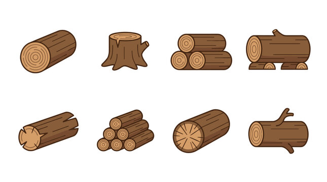 Set of eight different wood log illustrations in a simple cartoon style, featuring single logs, stacked firewood, a tree stump, and timber with clean outlines and flat colors