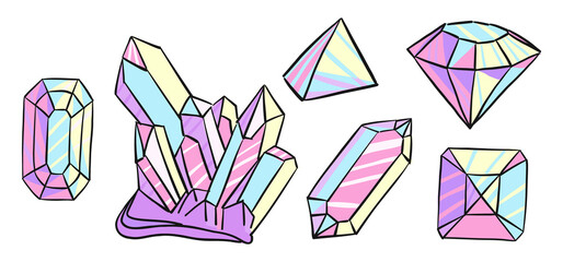 Pastel crystal and gemstone set with faceted shapes in cute cartoon style on black background. Image represents magic, fantasy, luxury and sparkling creativity © Olena