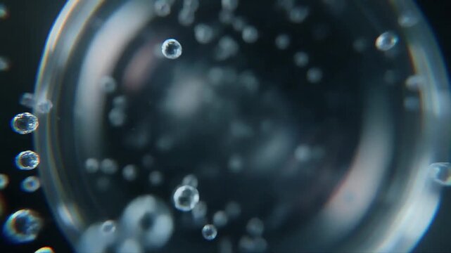 Macro view of Science Molecular Particles in a transparent sphere with bubbles floating in a dark environment