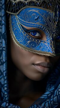 Retrato de una mujer con una elaborada m&aacute;scara azul y oro, envuelta en un velo de seda.