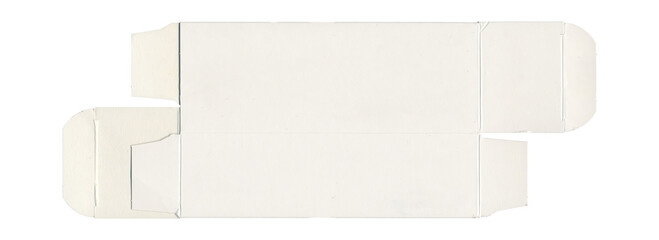 Flattened white carton box with folds and side flaps on white background