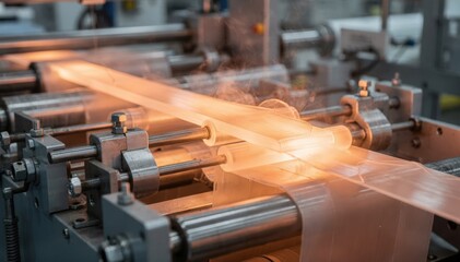 Obraz premium Medium shot of heated translucent plastic being carefully molded into a clear straight ruler with precision machinery in an industrial setting.