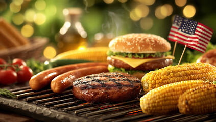 Obraz premium a delicious summer barbeque with burgers, hot dogs and corn on the cob. a small american flag is also visible in front of it.
