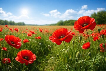 Obraz premium Blooming red poppy flowers in a green summer field under bright sunlight and blue sky with soft clouds