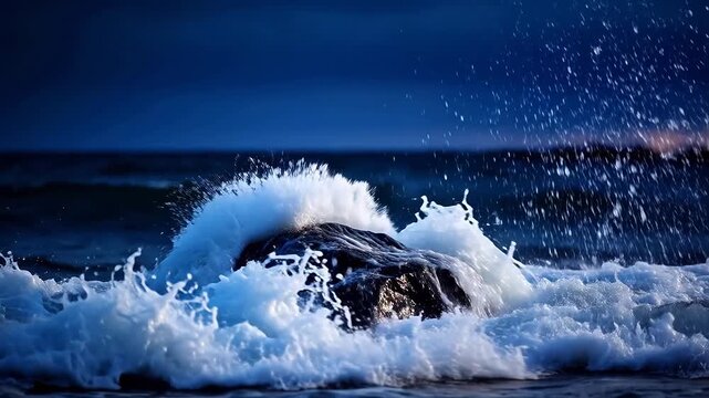 Ocean waves crashing against black rocks in deep blue sea