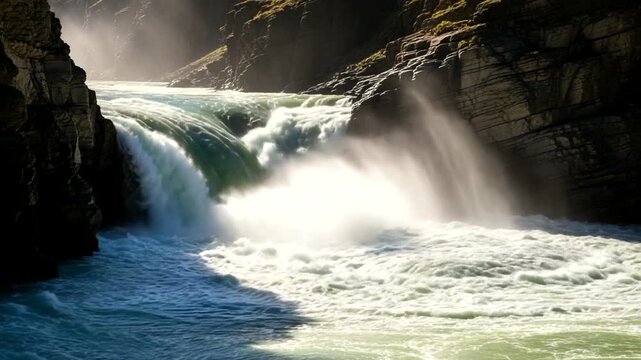 Powerful Waterfall Cascading Down Rocky Gorge with Sunlight Rays.
