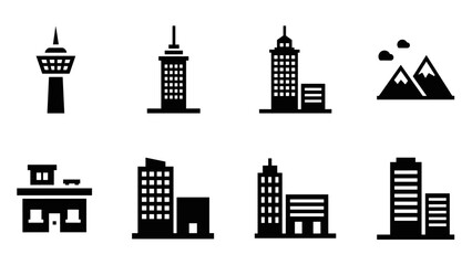 Obraz premium Urban and nature silhouette icons: city buildings and mountain scenery
