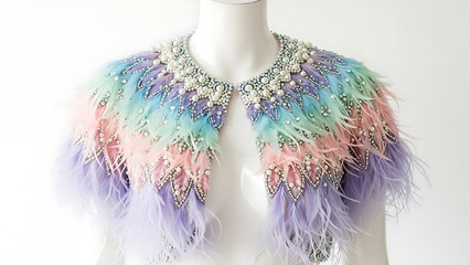 Obraz premium Decorative Feather Shoulder Wrap with Elaborate Beading and Pearl Details in Rainbow Pastel Colors Presented on White Mannequin