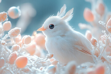A charming white bird sits amidst a dreamy landscape, surrounded by soft pastel-colored foliage, exuding a sense of innocence and tranquility in nature.