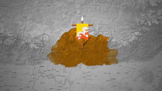 Bhutan Country Map Animation Highlighting Territory with National Flag Marker