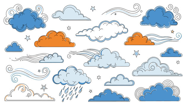 Creative weather vector artwork featuring clouds wind raindrops and stars in playful whimsical decorative composition