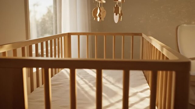 Cozy and Bright Nursery Room with Crib and Rocking Chair.