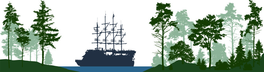 The silhouette of an old pirate sailing ship sailing past a forest. Evergreen coniferous forest with pines, fir,  christmas tree, cedar (Every tree isolated, separate from each other, free-standing)