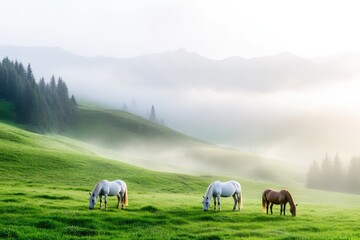 Fototapeta premium Serene dawn over misty hills with grazing horses in lush green pasture