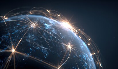 Global network connections with illuminated nodes around planet earth