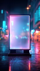 Neon sign displays blank space with city lights background