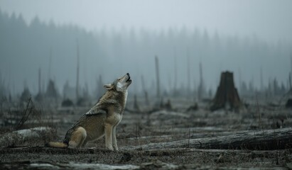 Lone wolf howling in misty forest landscape animal wildlife nature