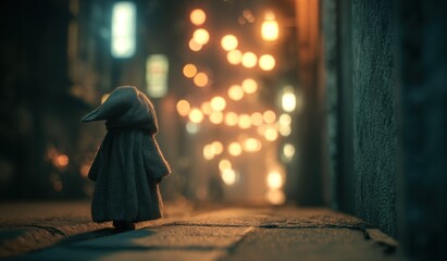 Mysterious figure standing in illuminated alleyway at night with bokeh lights