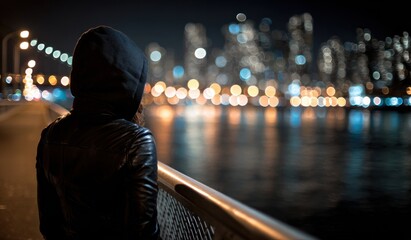Person silhouetted against city lights at night bokeh effect