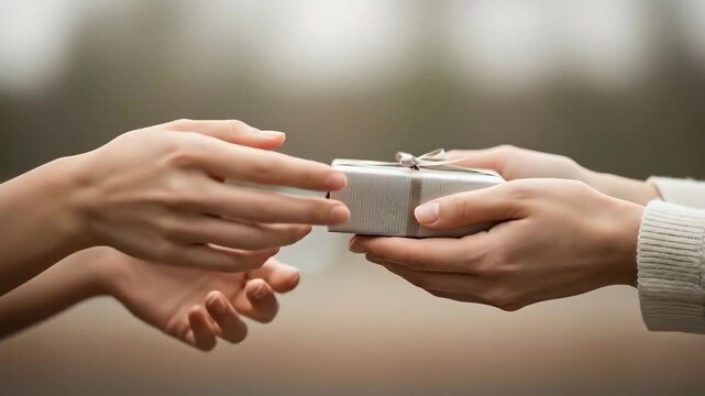 Two pairs of hands exchanging a small, rectangular gift box with a white ribbon in the center.