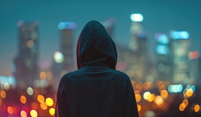 Person in hooded jacket looks at city lights at dusk with blurred background