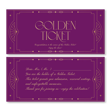 Golden ticket in purple, front and back sides. Premium vector ticket template for gala events. Can be used for web and print. ​​Just add your text.