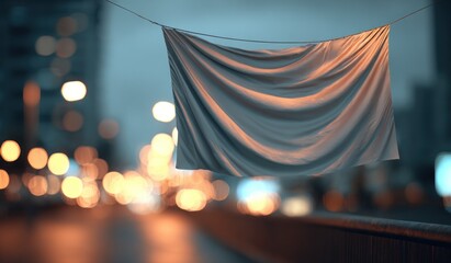 Fabric banner hanging against a blurred city background for advertisement
