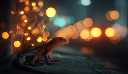 Lizard silhouette illuminated by glowing orbs in atmospheric bokeh background