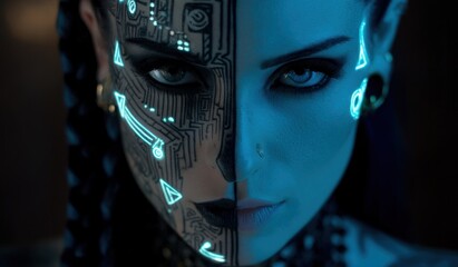 Cybernetic human portrait futuristic face with glowing circuitry