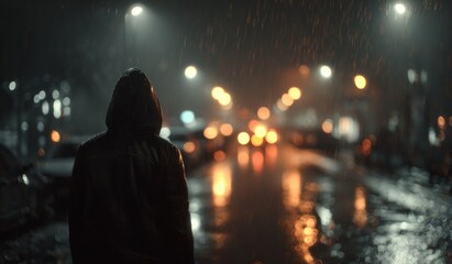 Person walking in night city street with bokeh lights and rainy weather
