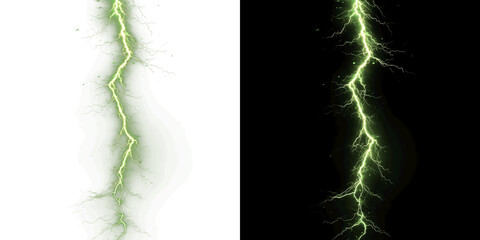 Vertical green lightning bolt with electric sparks and toxic neon energy discharge effect for sci-fi and magic design on transparent background PNG © Tomash