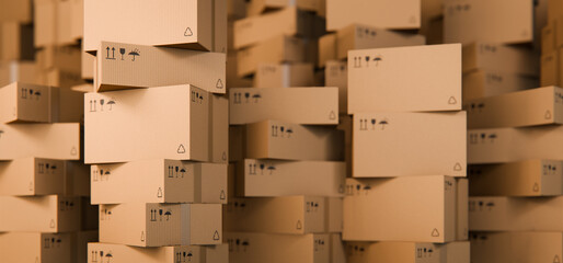 Stacked Cardboard Boxes Concept Background, Logistics Warehouse, 3D Render