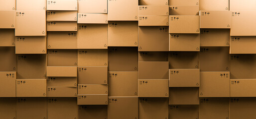 Stacked Cardboard Boxes Wall 3D Render Logistics Warehouse, Concept Background