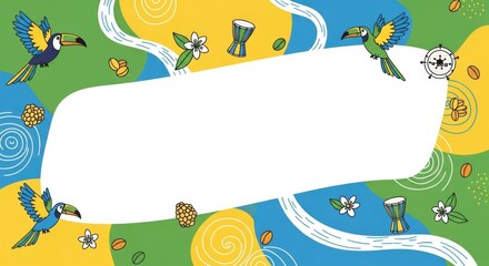 Naklejka premium Brazilian theme banner with toucans and coffee beans. Vibrant country tourism vector illustration and design element template.