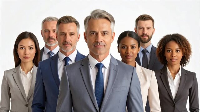 A diverse group of business professionals in suits standing together and smiling at the viewer