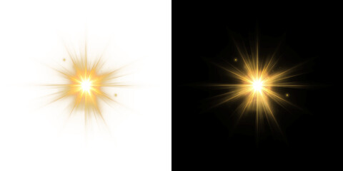 Bright yellow light spark explosion with glowing rays and golden starburst effect for overlay on transparent background PNG © Tomash