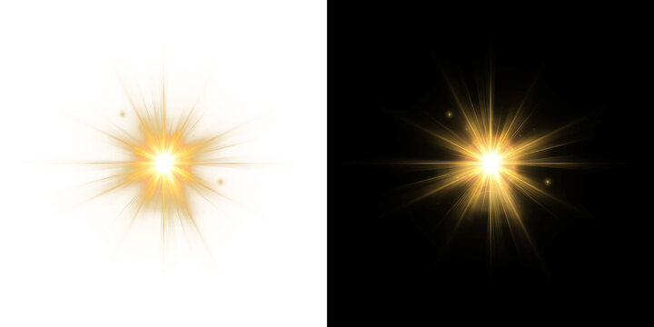 Bright yellow light spark explosion with glowing rays and golden starburst effect for overlay on transparent background PNG