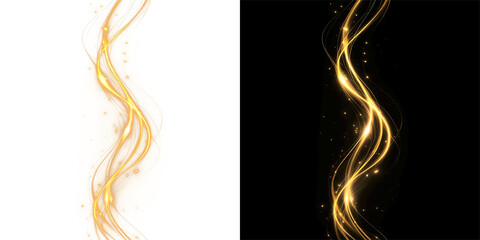 Elegant vertical golden light wave lines with shimmering glitter dust and glowing magic sparkles for luxury design overlay on transparent background PNG © Tomash