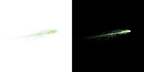 Fast green energy projectile beam with motion blur trails and glowing magic particles for sci-fi weapon effect design on transparent background PNG © Tomash