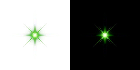 Shining green star burst with sharp cross rays and glowing lens flare light effect for magic or technology design on transparent background PNG © Tomash