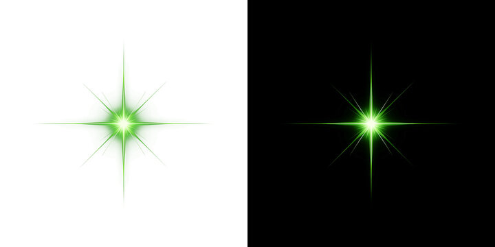 Shining green star burst with sharp cross rays and glowing lens flare light effect for magic or technology design on transparent background PNG