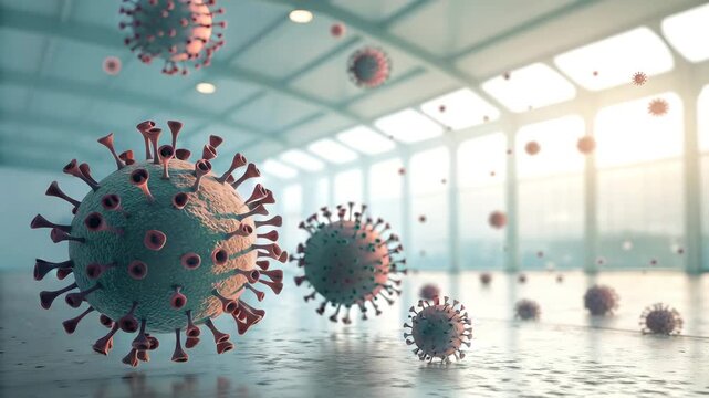 Coronavirus Particles Floating in Modern Office Building Hallway, Pandemic Concept