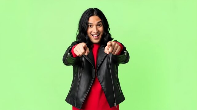 Person in leather vest pointing fingers against green background