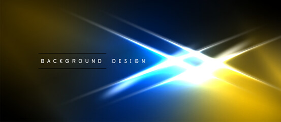 Obraz premium Abstract background features vibrant blue, yellow light streaks. Central bright glow creates dynamic visual effect. Modern design element.