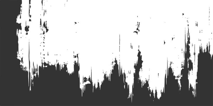An abstract black ink vector illustration featuring a grunge paint splatter texture with a dirty city skyline silhouette border